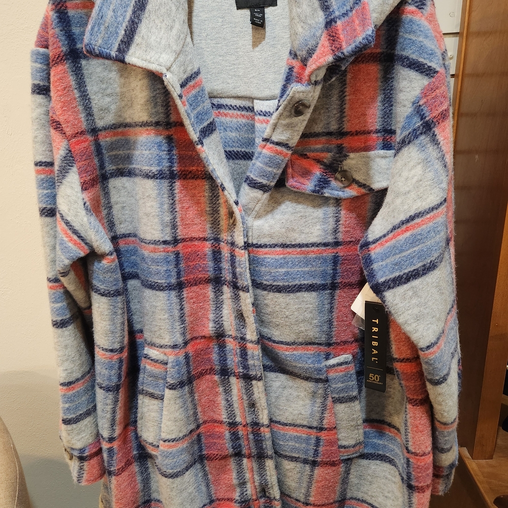 Tribal Hooded Plaid Jacket Shacket Grey Mix Blue Coral Size G/L